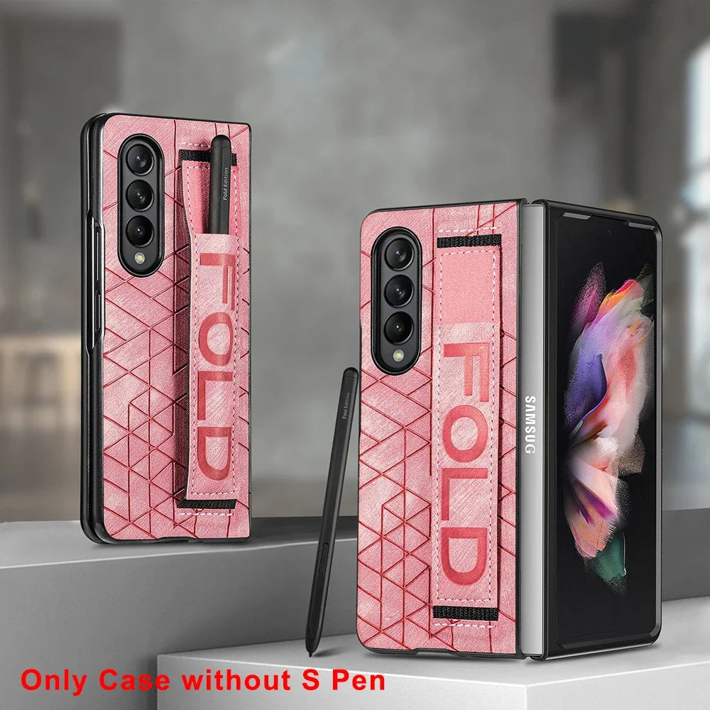 Leather Case for Samsung Galaxy Z Fold 6 5 4 3 5G Cover Stripe Geometric Soft Shockproof Hand Band SPen Slot Shell Funda Holster
