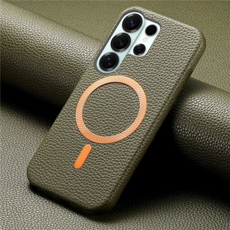 Luxury Leather Magnetic Attraction Case For Samsung Galaxy S25 S26 Ultra S21 S22 S23 S24 Plus Wireless Charging Anti-fall Cover