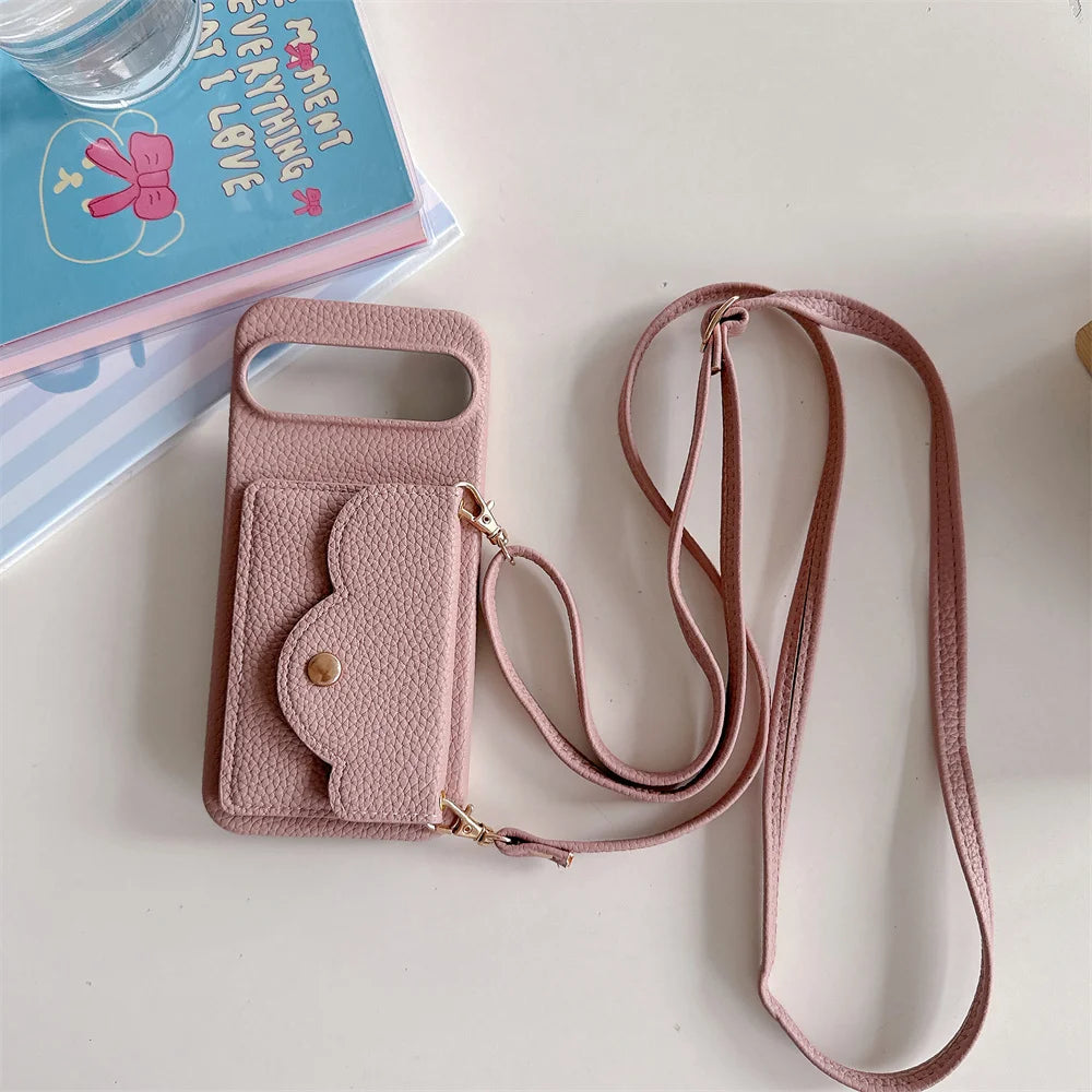 Leather Litchi Wallet Cards Slot Bag Case For Google Pixel 9 8 7 6 9 Pro XL 8A 7A 6A 9XL Shoulder Strap Lanyard Skin Feel Cover