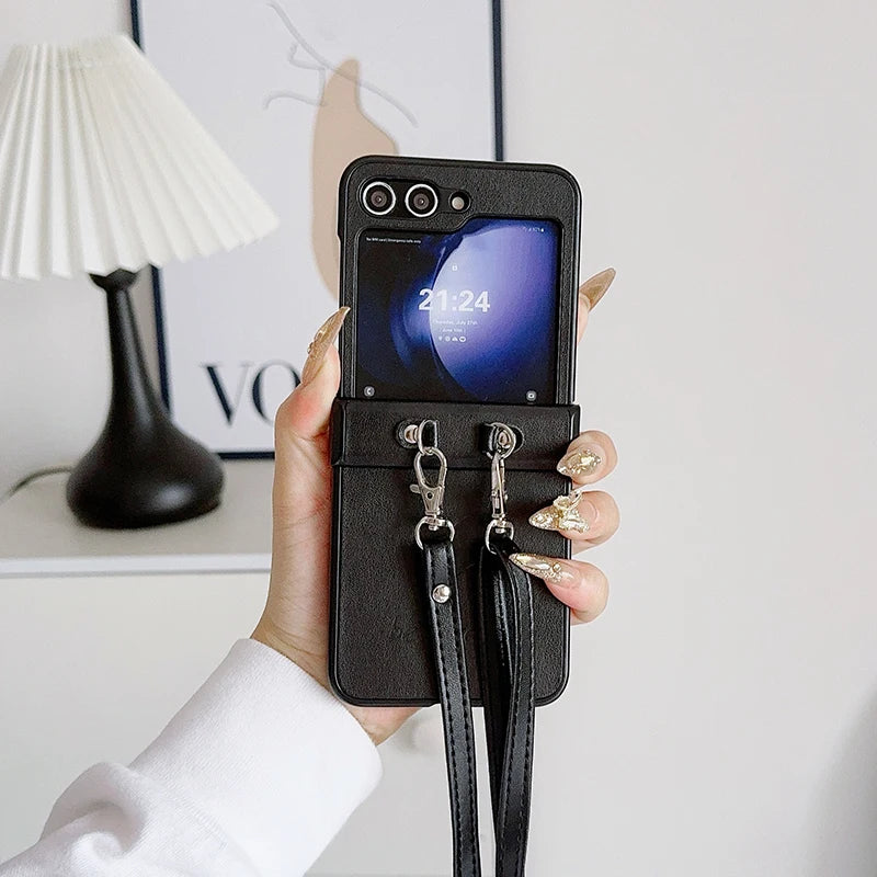 Fashion Simple Love Heart Strap Rope Cord Chain Necklace Lanyard Phone Case For Samsung Galaxy Z Flip 5 4 3 Z Flip6 TPU Cover