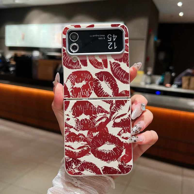 Red Lips Print Folding Phone Case For Samsung Galaxy Z Flip 6 5 4 3 Leather Texture TPU Cover For Samsung Z Flip6 Flip5 Flip4 5G