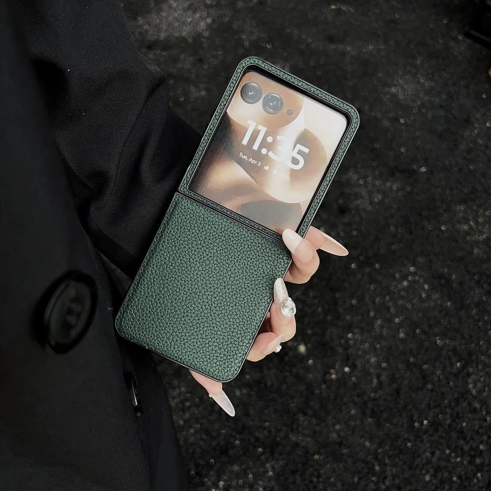 Plain Leather Lychee Patterned Case For Moto Razr 60 Ultra Razr60 Motorola razr 50 Ultra razr+ 2024 Camera protect Cover