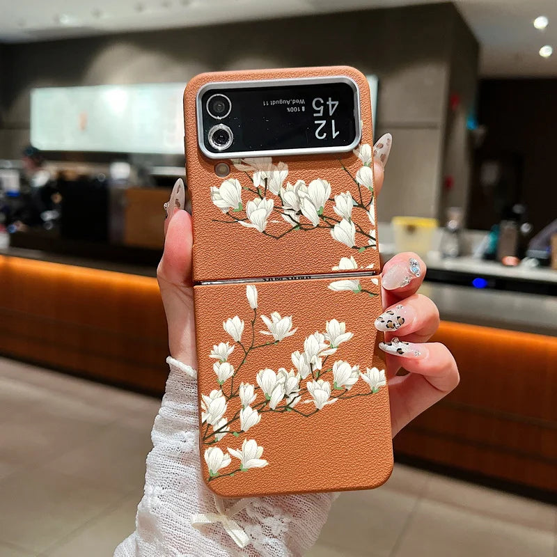 For Samsung Galaxy Z Flip 5 6 4 3 5G Luxury Leather Phone Case Flowers Pattern Soft TPU Folding Cover For Samsung Z Flip4 Flip5