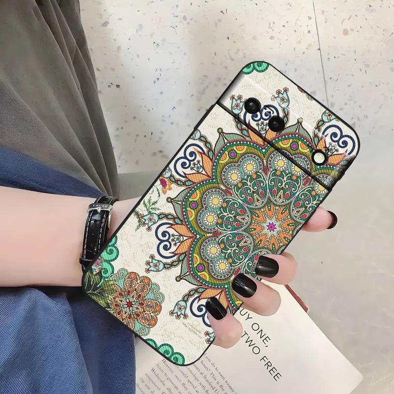 Mandala Flowers Beautiful Art For Google Pixel 9 8 7A 7 6A 6 5A 5 4 4A XL 5G Black Silicon Shockproof Shell Back Phone Case