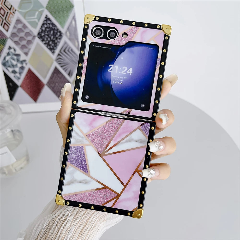 Luxury Glitter Shockproof Geometric Pattern Retro Women Phone Case for Samsung Galaxy Z Flip 7 Flip 6 Z Flip 5 Flip 4 Flip 3