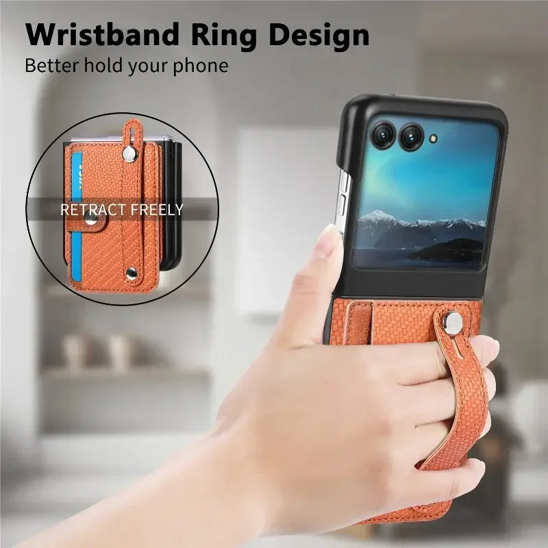 Solid Color Wrist Strap Phone Case For Motorola Razr 50 40 Ultra Moto Razr40+ Plus 2023 Folding Wallet Card Slot Leather Cover