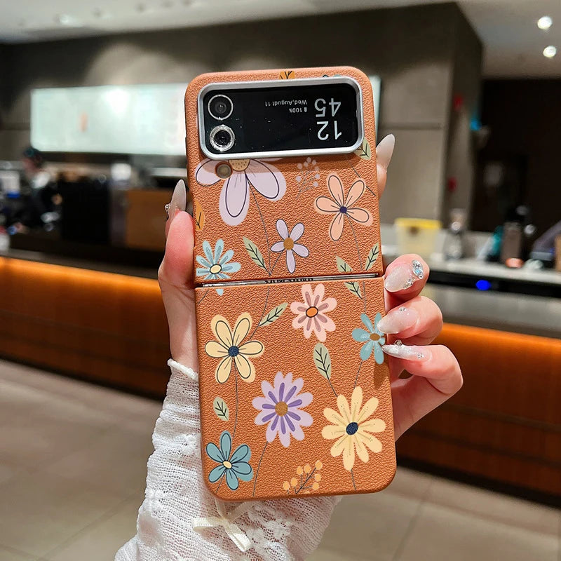 For Samsung Galaxy Z Flip 5 6 3 4 5G Cartoon Flowers Soft Case Leather Texture TPU Folding Phone Cover For Samsung Z Flip5 Flip4
