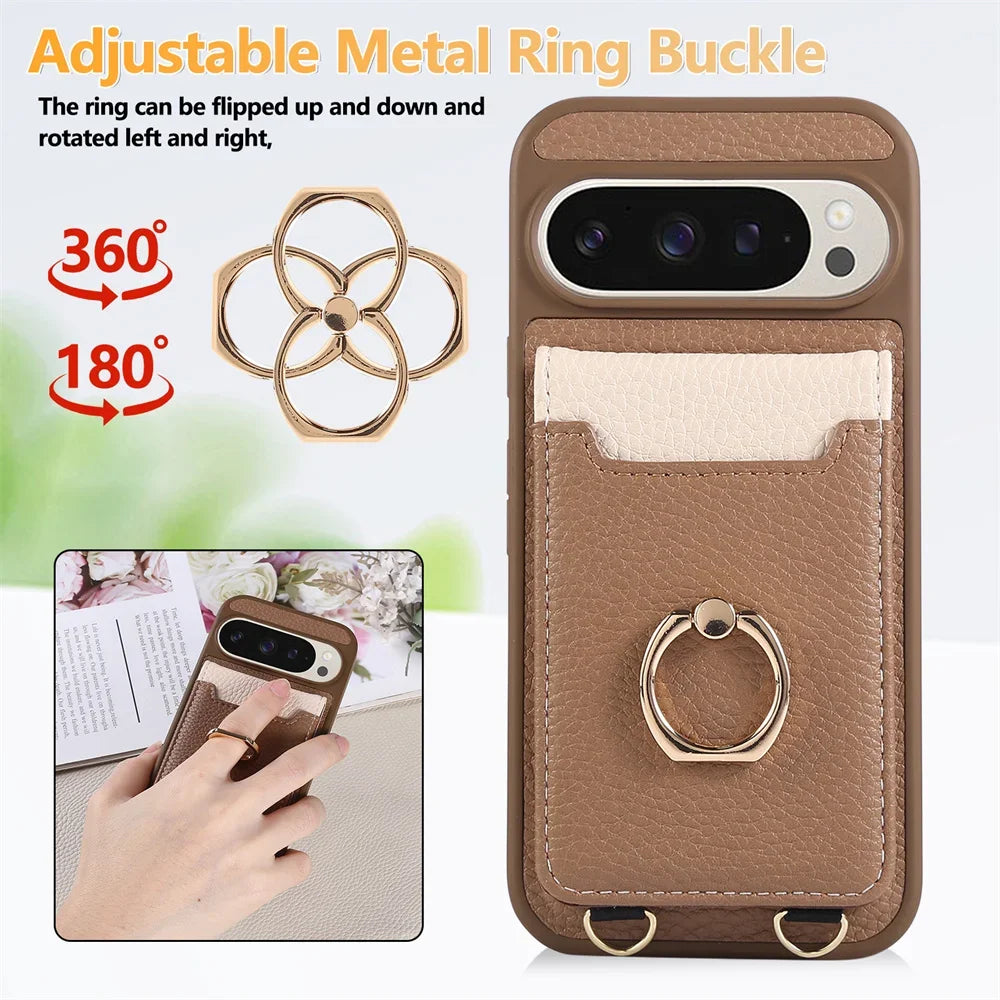Crossbody Strap Lanyard Wallet Case with Card Slots Ring Holder Kickstand For Google Pixel 9a 8 9 Pro XL 8a 7a PU Leather Cover