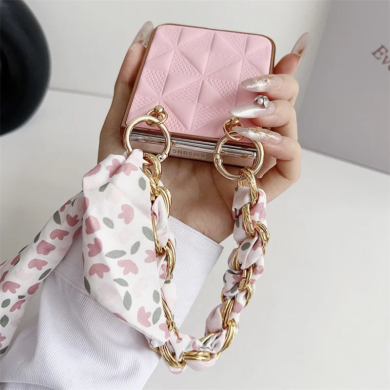 Hand Lanyard Lattice Pattern Phone Cover For Samsung Z Flip5 ZFlip 3 4 Wrist Chain Rope Electroplated Case For Galaxy Flip 6 5