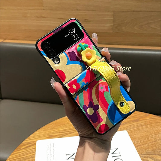 Korean Cute Floral Wrist Strap Rainbow Flower Oil Painting Case for Samsung Galaxy Z Flip7 Z Flip6 Z Flip5 Z Flip4 3 Back Cover