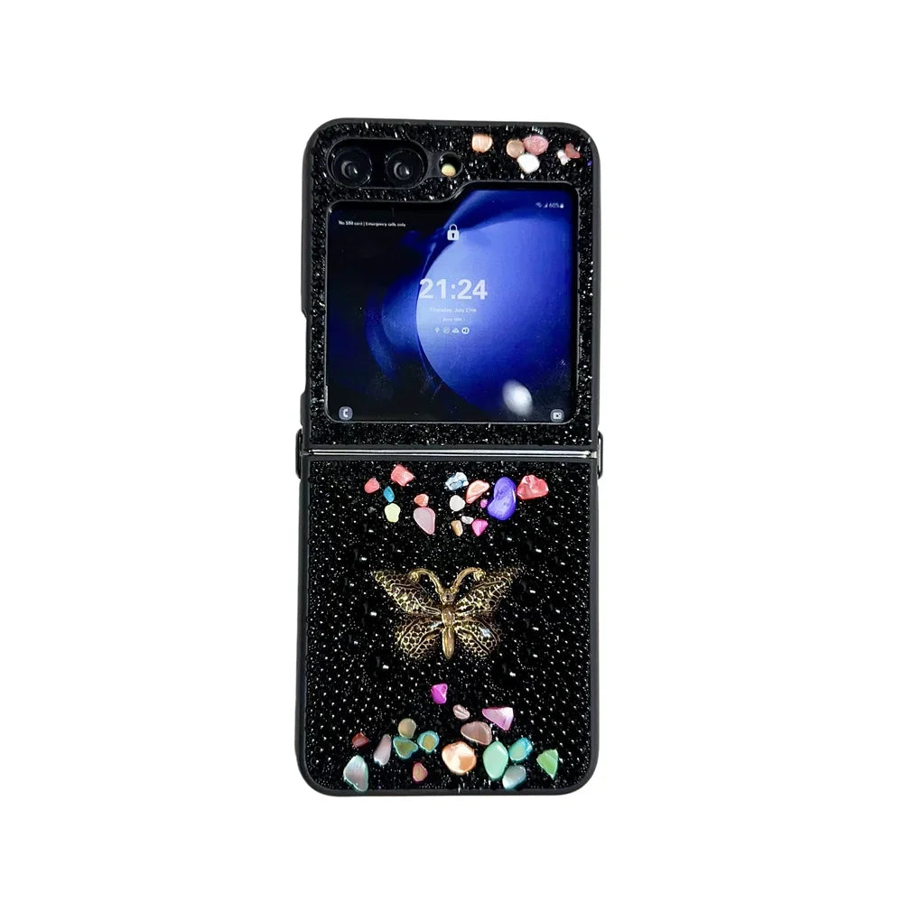Original Slim Butterfly Jewelled Phone Case For Samsung Galaxy Z Flip 7 6 5 4 3 5G PC Hard Shell Shockproof Protector Back Cover