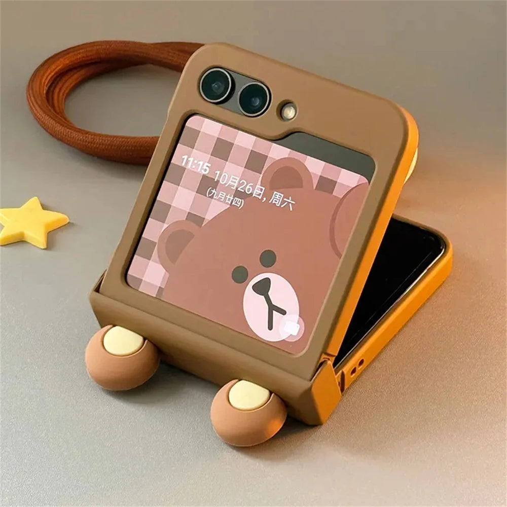 Ins Korean Cute Cartoon Bear Ears Phone Case For Samsung Galaxy Z Flip 6/5/4/3 For Motorola Razr 40 50 Ultra Japan Anime Cover