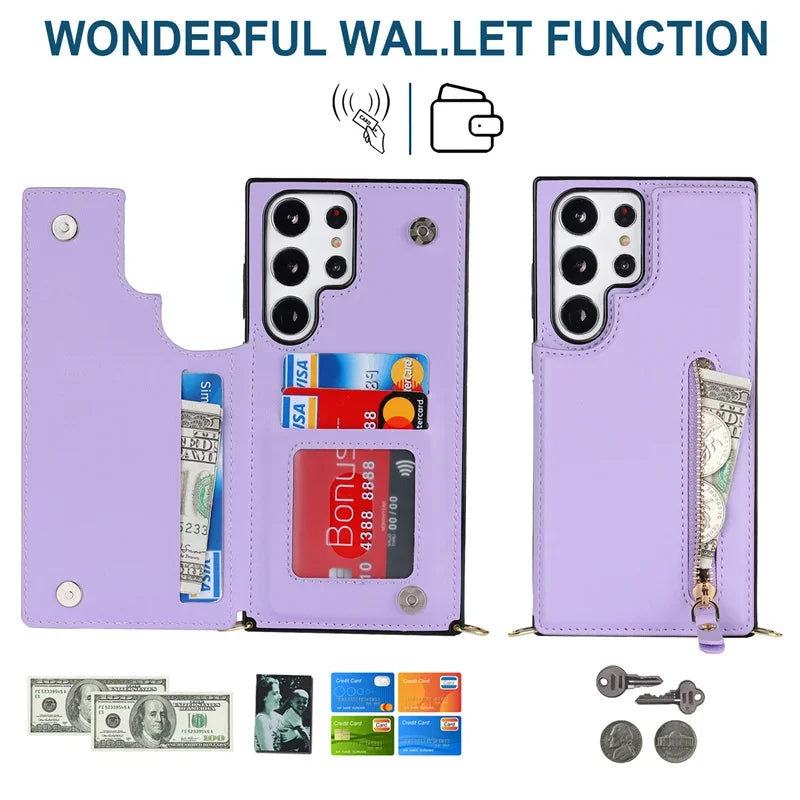 Crossbody Zipper Wallet with Card Holder Phone Case for Samsung Galaxy S23 S21FE S25 S24 S22 Plus Note 20 Ultra Leather Cover