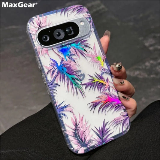 Laser Flower Reflective Phone Case For Google Pixel 10 10Pro XL 9 Pro XL 9A Transparent Floral Print TPU Shockproof Airbag Cover