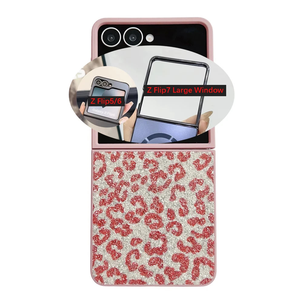 Z Flip 7 5G Glitter Leopard Print Folding Phone Case For Samsung Galaxy Z Flip7 Flip6 Flip 5 4 Shockproof Skin Feel Bumper Cover