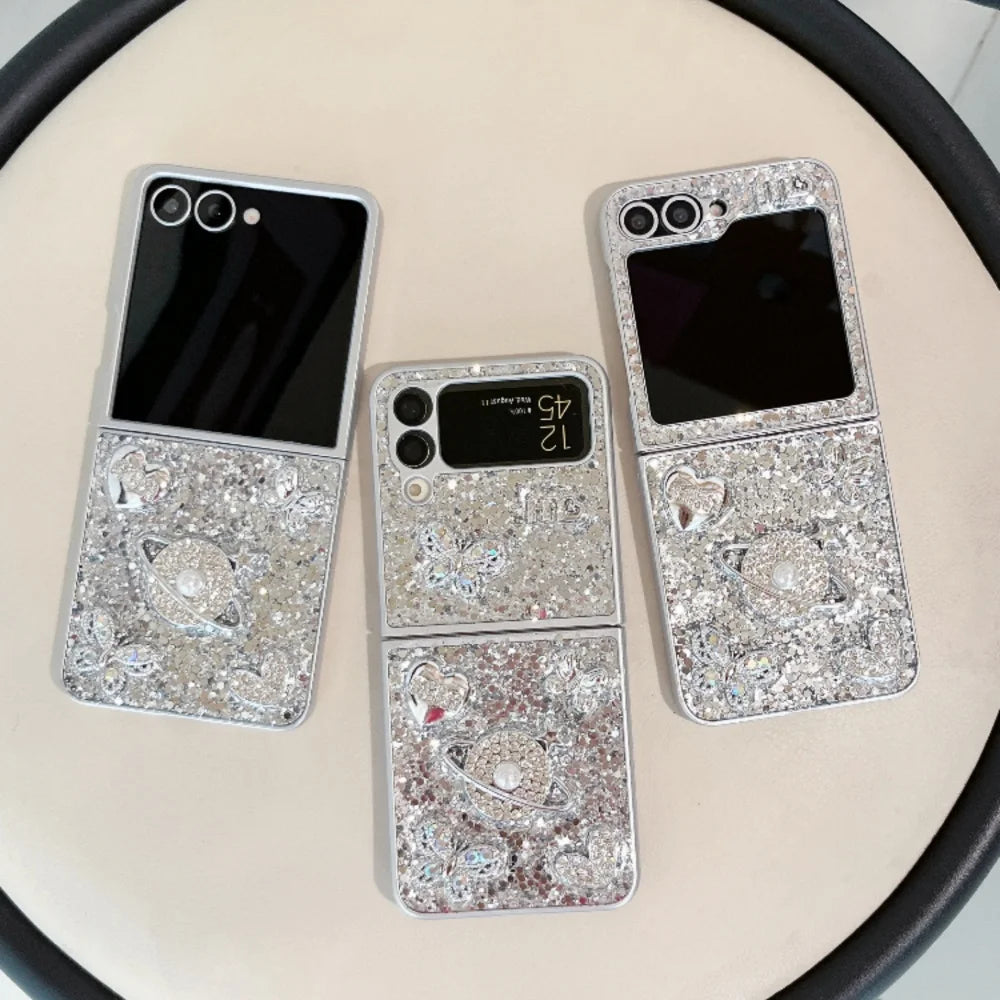 Z Flip8 Glitter 3D Diamond Butterfly Satellite Heart Pattern Case for Samsung Galaxy Z Flip7 FE 6 5 8 for Gift Shockproof Cover