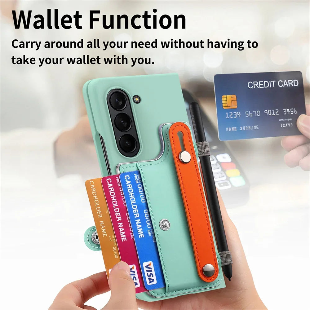 For Samsung Galaxy Z Fold 6 5 Fold6 Fold5 5G Card Slot Wallet Case with Pen Holder & Screen Protector Wrist Strap Cover(NO Pen)