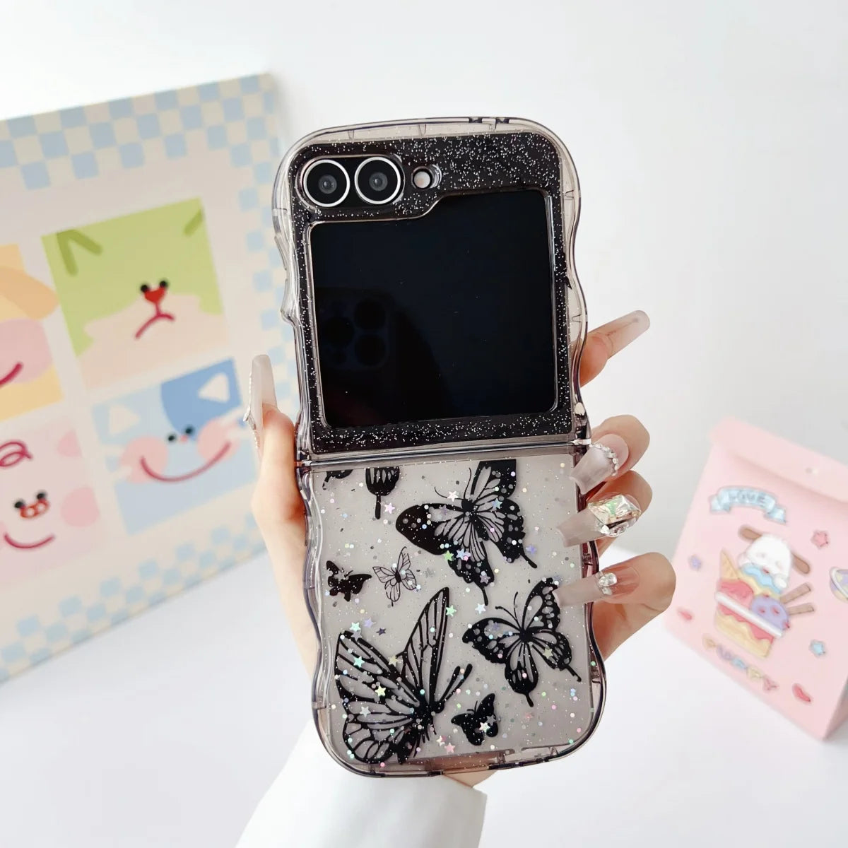 Luxury Cute Arc Wave Butterfly Bling Glitter Laser Sequins Case For Samsung Galaxy Z Flip 6 5 4 3 Soft Silicone Shockproof Cover