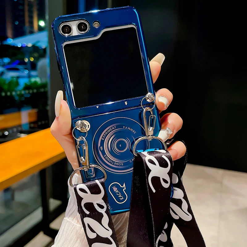 Blu Ray Laser Camera Long Rope Case With Lanyard Necklace Strap Case For Samsung Galaxy Z Flip 5 5G Z Flip6 Hard PC Phone Cover