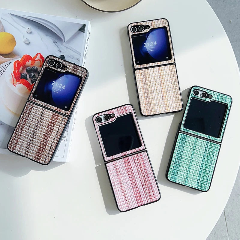 Retro Woven Pattern Phone Case For Samsung Galaxy Z Flip 6 5 4 3 Hard Plastic Folding Cover For Samsung Z Flip6 Flip5 Flip4 Bag