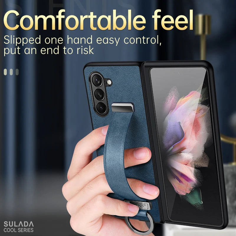 Finger Hand Grip Band Belt Strap Case For Samsung Galaxy Z Fold6 Fold5 Fold4 Fold 6 5 4 Business PU Leather Protector Shell
