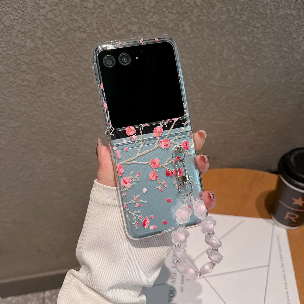 For Motorola Razr 40 50 60 Ultra Pro 60U Case Floral Transparent Folding with Bracelet Shockproof Hard PC Back Cover Accessories