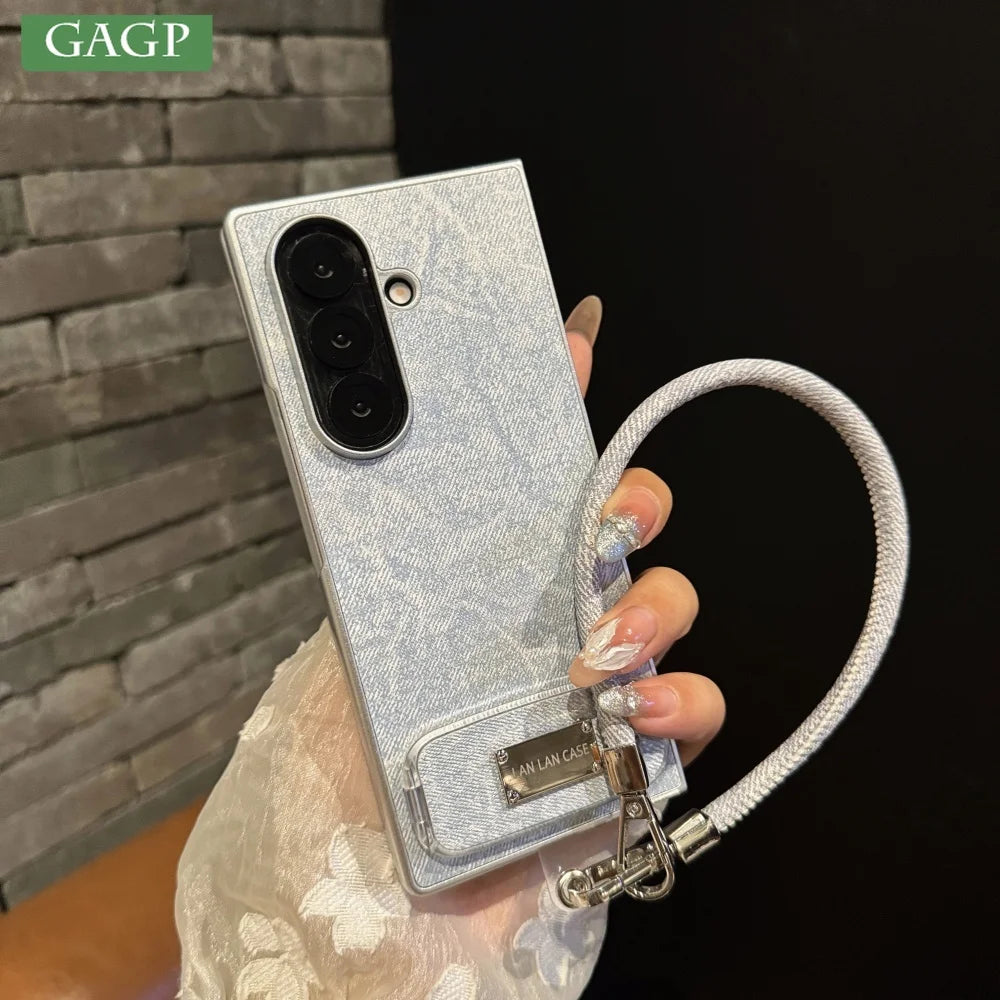 With Bracket Lanyard Phone Case For Samsung Galaxy Z Fold 7 6 5 4 3 Silver Luxury Leather Brief Shockproof Cover For Fold7 6