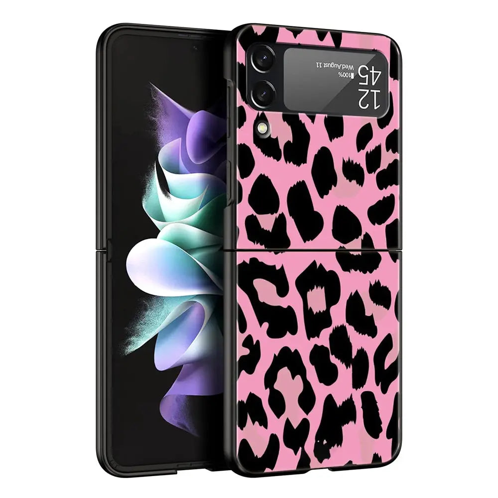 Leopard Print Pattern Phone Case For Samsung Galaxy Z Flip3 Flip4 Flip5 Shell For Z Flip 3 Flip 5 4 5G Black Hard Folding Cover
