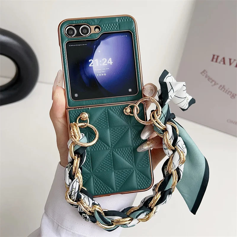 Hand Lanyard Lattice Pattern Phone Cover For Samsung Z Flip5 ZFlip 3 4 Wrist Chain Rope Electroplated Case For Galaxy Flip 6 5
