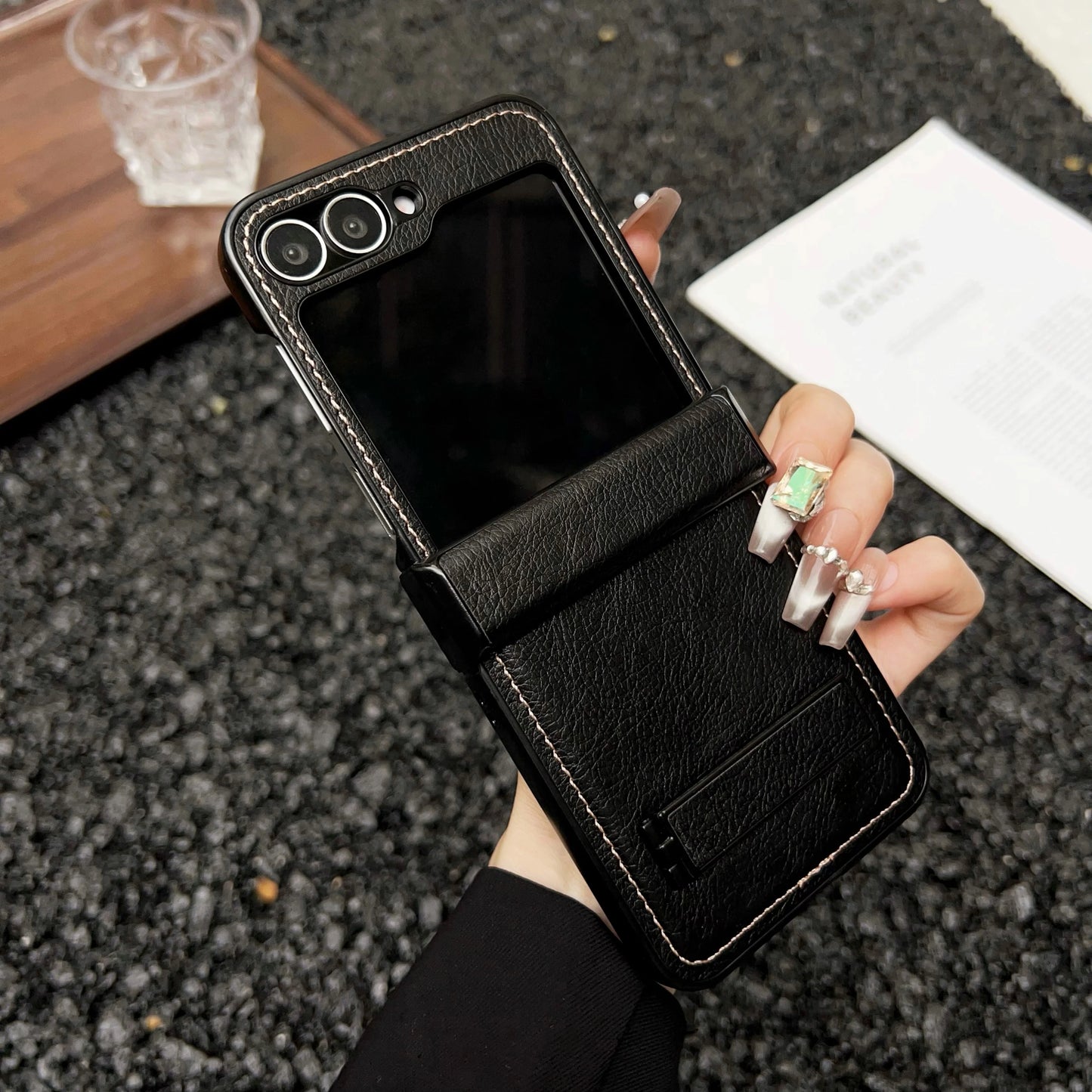 Korean Luxury Litchi Leather Bracket Case For Samsung Galaxy Z Flip 6 5 4 Hinge Central Axis Protection Solid Color Stand Cover