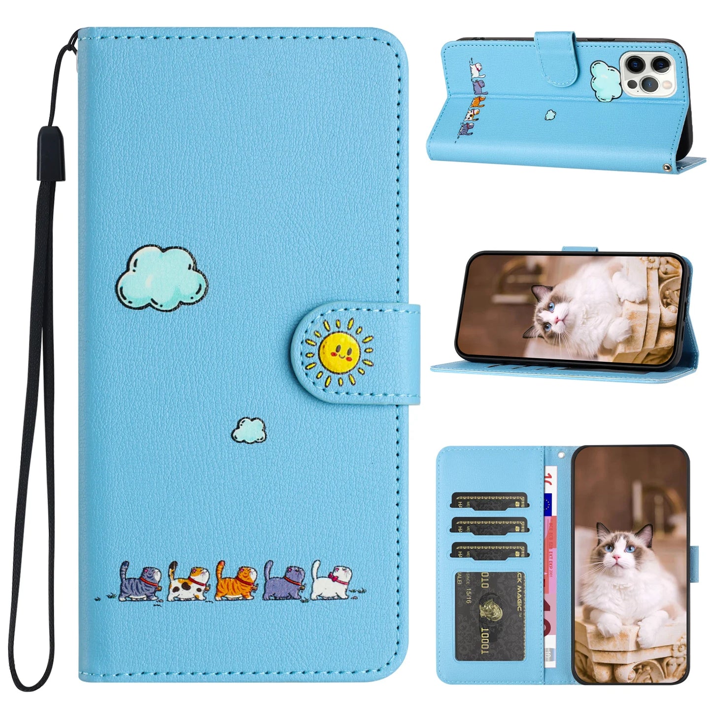 Leather Cat Phone Wallet Case Book Kickstand For Google Pixel 9 8 7 Pro 8A 7A 9A,Sony Xperia 1 10 V 5G Card Slot Cute Flip Cover