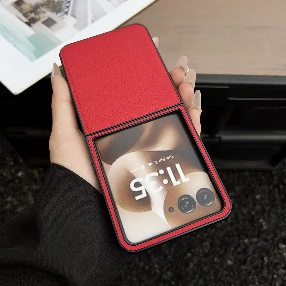 Plain Leather Lychee Patterned Case For Moto Razr 60 Ultra Razr60 Motorola razr 50 Ultra razr+ 2024 Camera protect Cover