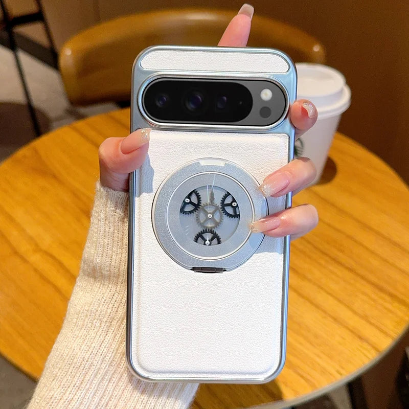 For Google Pixel 8 9 10 Pro XL 9A Magnetic rotatable  Kickstand Gear relieve stress Hybrid TPU+PC PU Leather Luxury Back Case