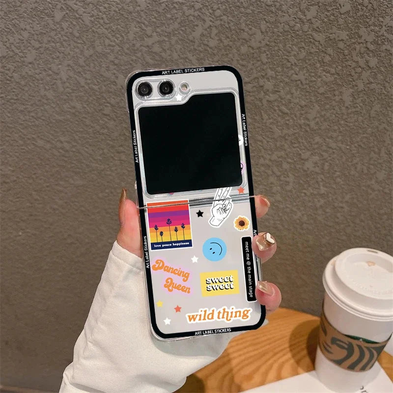 For Samsung Z Flip 5 6 Case Retro Bar Code Art Label Folding Phone Case for Samsung Z Flip 4 Z Flip3 Transparent Hard Back Cover