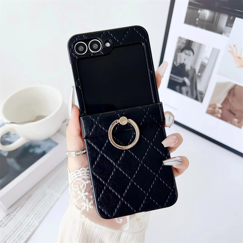 Leather Finger Ring Buckle Case For Samsung Galaxy Z Flip 6 5 4 3 Grid Pattern Stand Holder Shockproof For Galaxy Flip 6 Cover