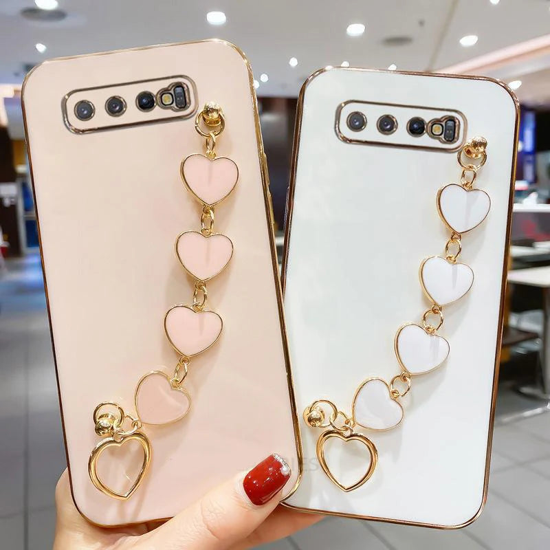 Fashion Plating Love Heart Bracelet Chain Case For Samsung Galaxy S25 S24 Ultra S23 S22 Plus S21 S20 FE Shockproof Back Cover