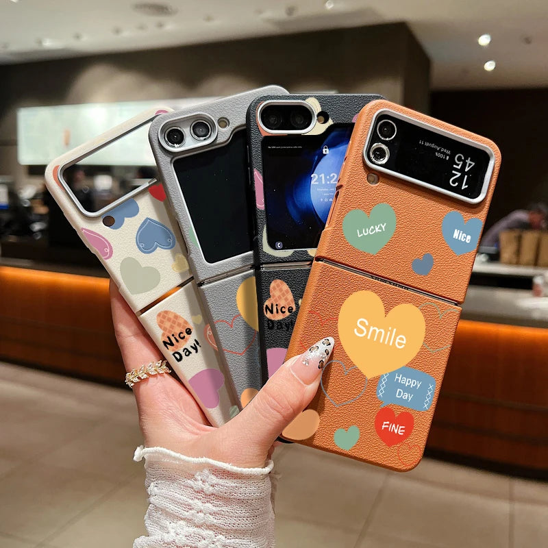For Samsung Galaxy Z Flip 6 5 4 3 5G Leather Texture Phone Case Love Heart Pattern Soft TPU Folding Cover For Samsung Z Flip5