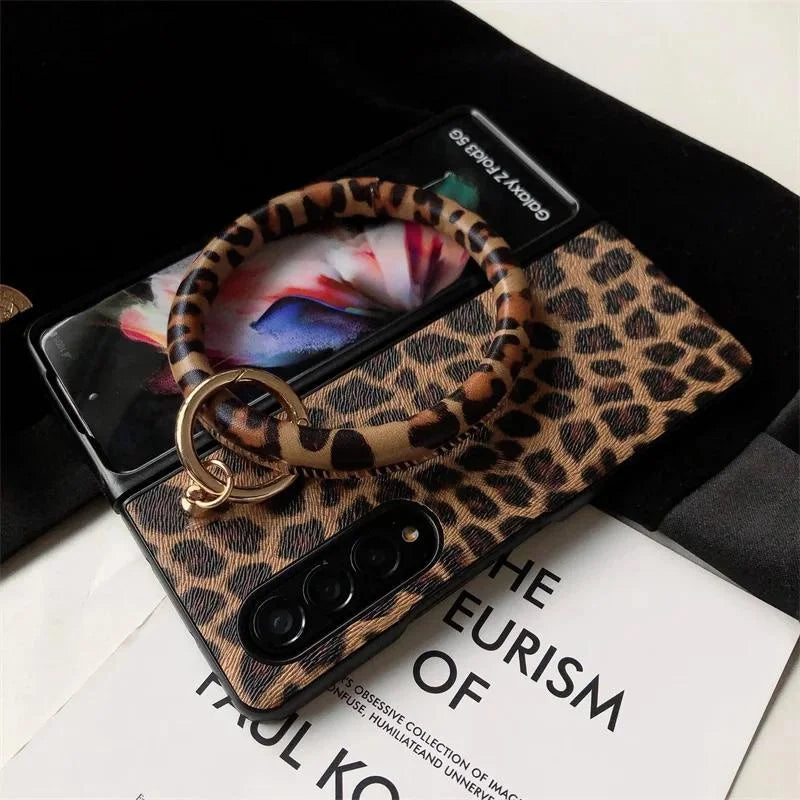 For Samsung Galaxy Z Fold 6 5 4 3 2 5G Fold5 Portable Bangle Big Hand Ring Cover Leopard PU Leather Hard Case Cover
