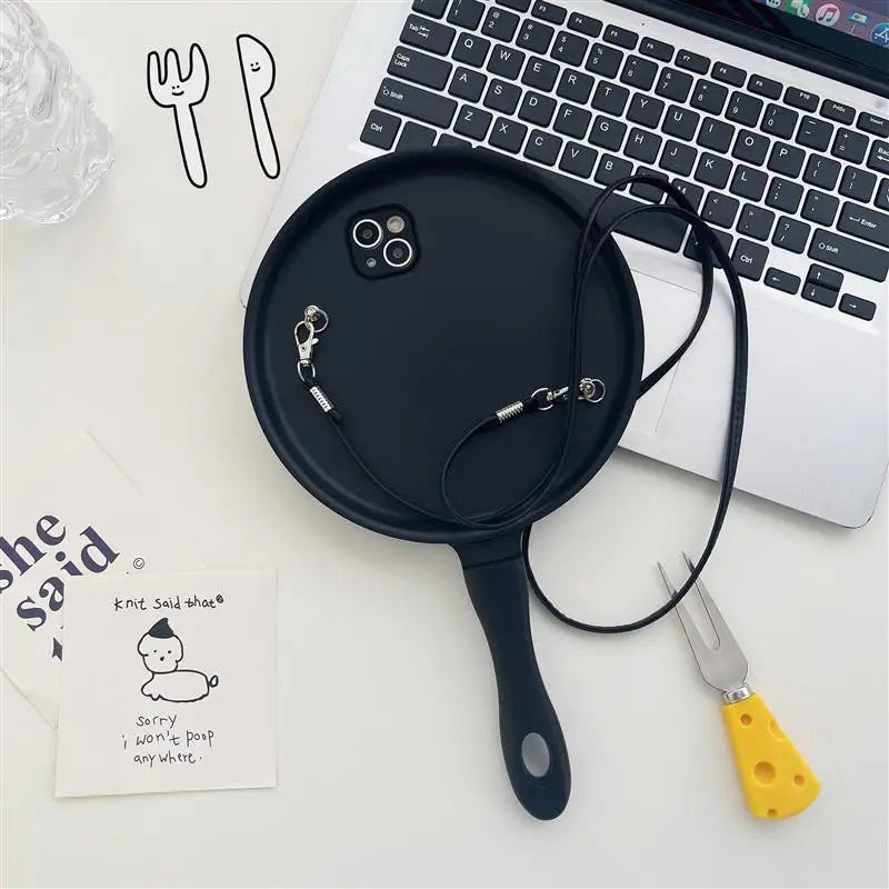 Funny 3D Frying Pan Crossbody Strap Phone Case For Samsung Galaxy S25 Ultra Cover S24 Plus S23 Ultra INS Fashion Shockproof Case