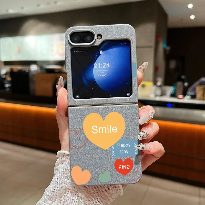 For Samsung Galaxy Z Flip 6 5 4 3 5G Leather Texture Phone Case Love Heart Pattern Soft TPU Folding Cover For Samsung Z Flip5