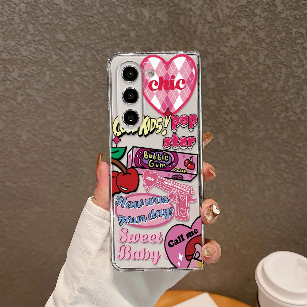 Cherry Heart Bowknot Clear Phone Case For Samsung Galaxy Z Fold 6 7 Fold 5 ZFold 4 3 2 ZFold SE W26 W25 Hard Folding Cover Funda