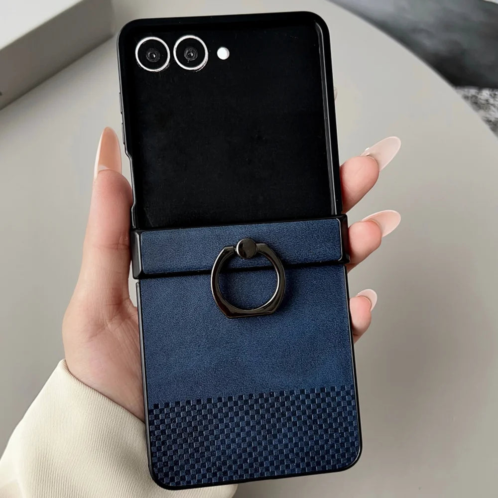 Luxury Leather Lattice Texture With Ring Phone Case For Samsung Galaxy Z Flip 3 4 5 6 7 7FE Hinge Anti-Scratch Back Phone Cover