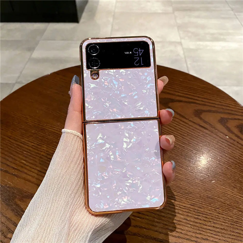 Shell Pattern Gold Plating Glitter Case For Samsung Z Flip 6 Flip 5 Flip 3 4 Cover Back Shell