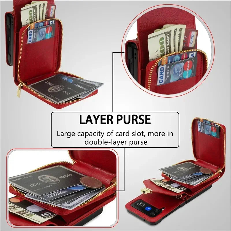 Lanyard Leather Zipper Wallet Card Slot Phone Case for Samsung Galaxy Z Flip 6 5 4 3 Lanyard Purse Bag Flip Stand Cover Back Bag