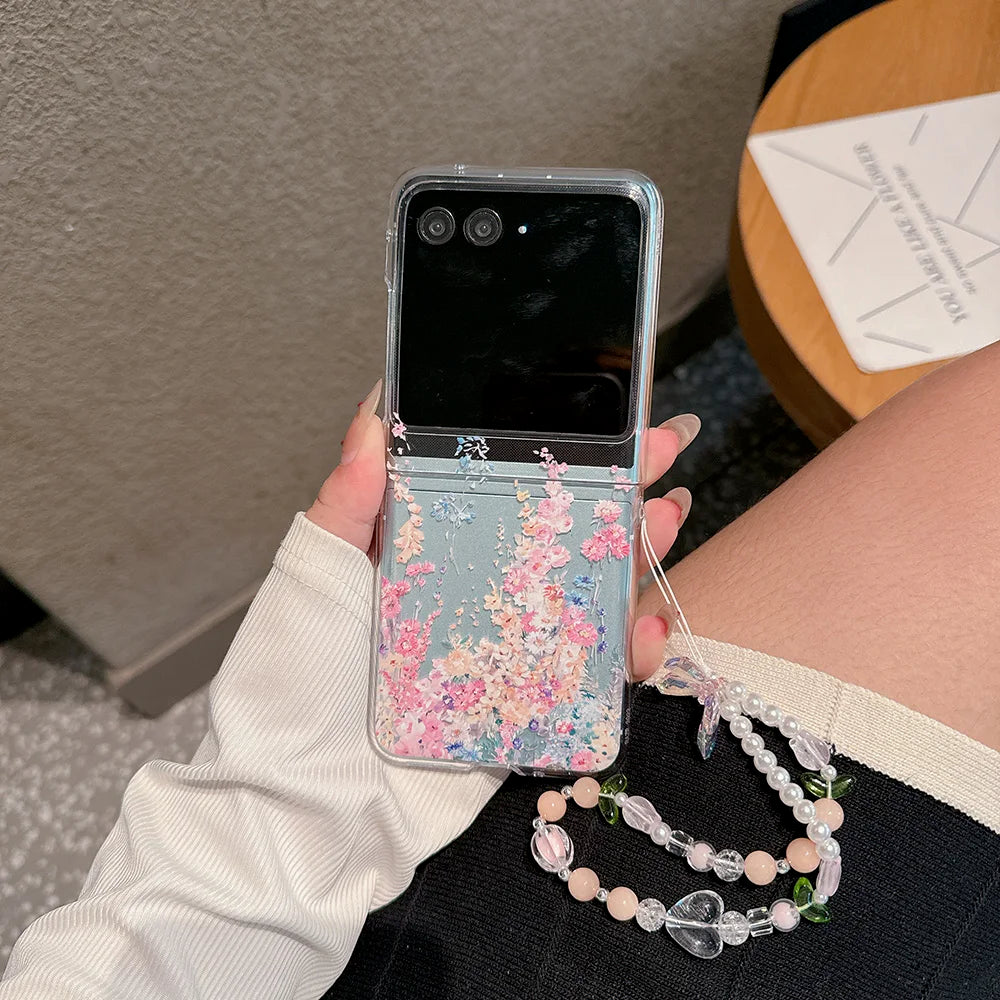 For Motorola Razr 40 50 Ultra 40Ultra Case Flower Transparent Bracelet Folding Shockproof Protection Hard Cover Accessories