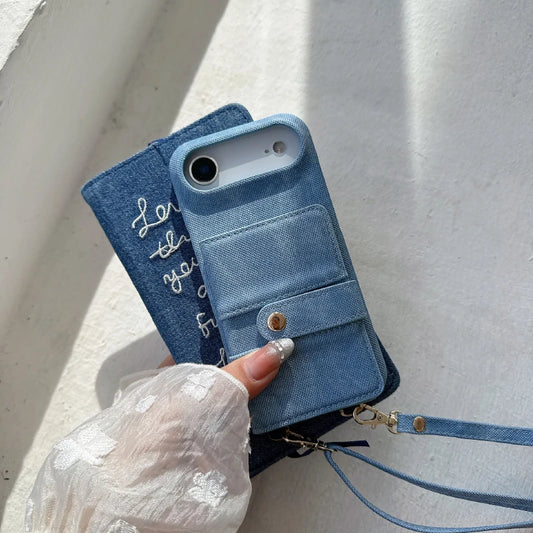 Luxury Solid Color Denim Wallet Card Slot One Buckle Lanyard Phone Case For Google Pixel 10 Pro 9A 8A 7A 7 8 9 Pro XL Back Cover