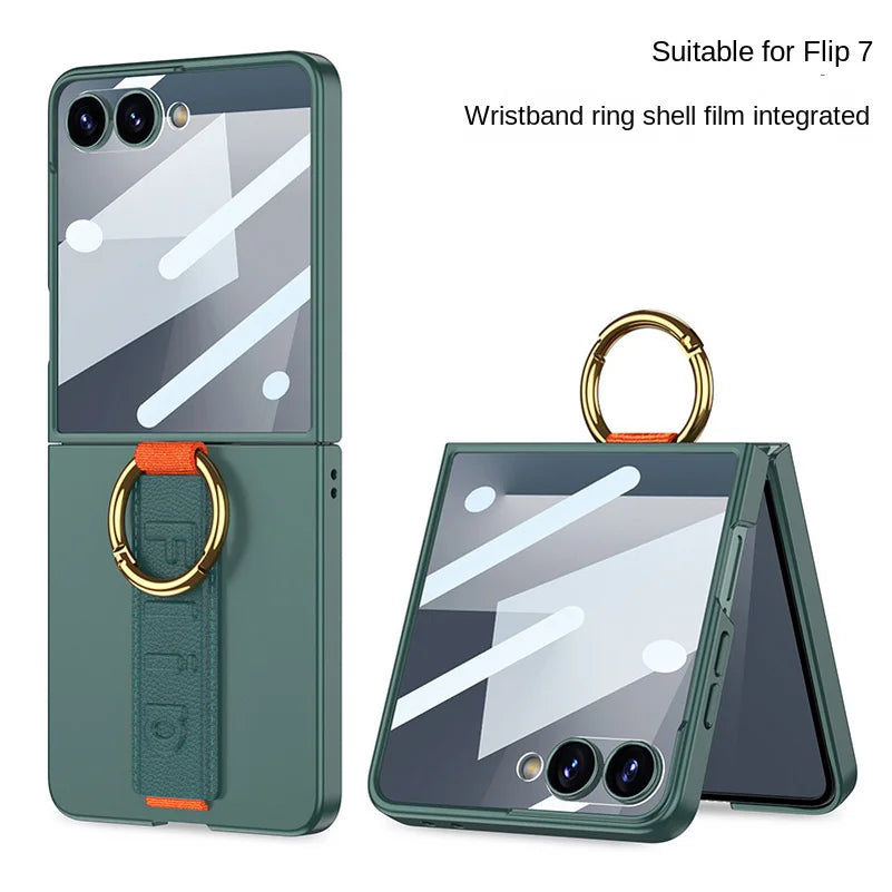Wrist Strap with Metal Ring Glass Protector All-inclusive Phone Case for Samsung Galaxy Z Flip 7 flip7 Camera Protect Cover