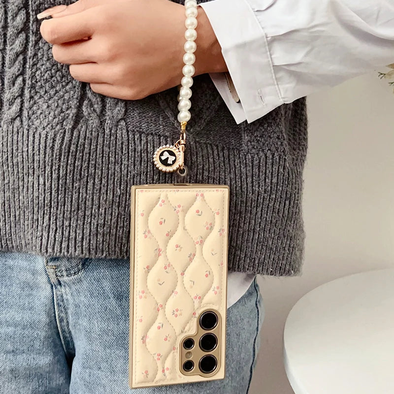 Luxury Leather Floret Bracelet Cover Case For Samsung Galaxy S25 Ultra S24 Plus S23 S24 S25 Mobile Phone Case