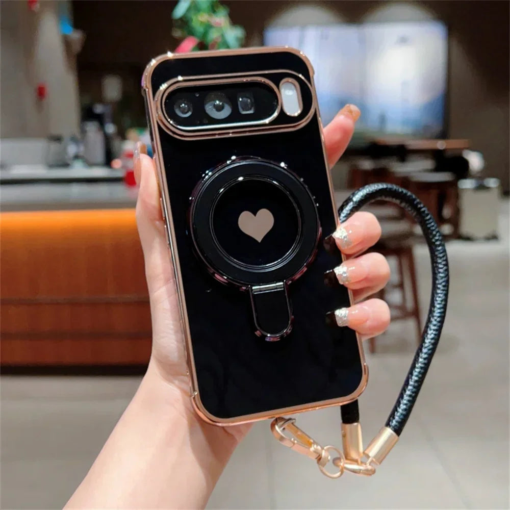Cute Love Heart Wrist Strap Bracket Case for Google Pixel 8 9 Pro XL 9A 8A 7A Ring Holder Stand Lanyard Plating Soft TPU Cover