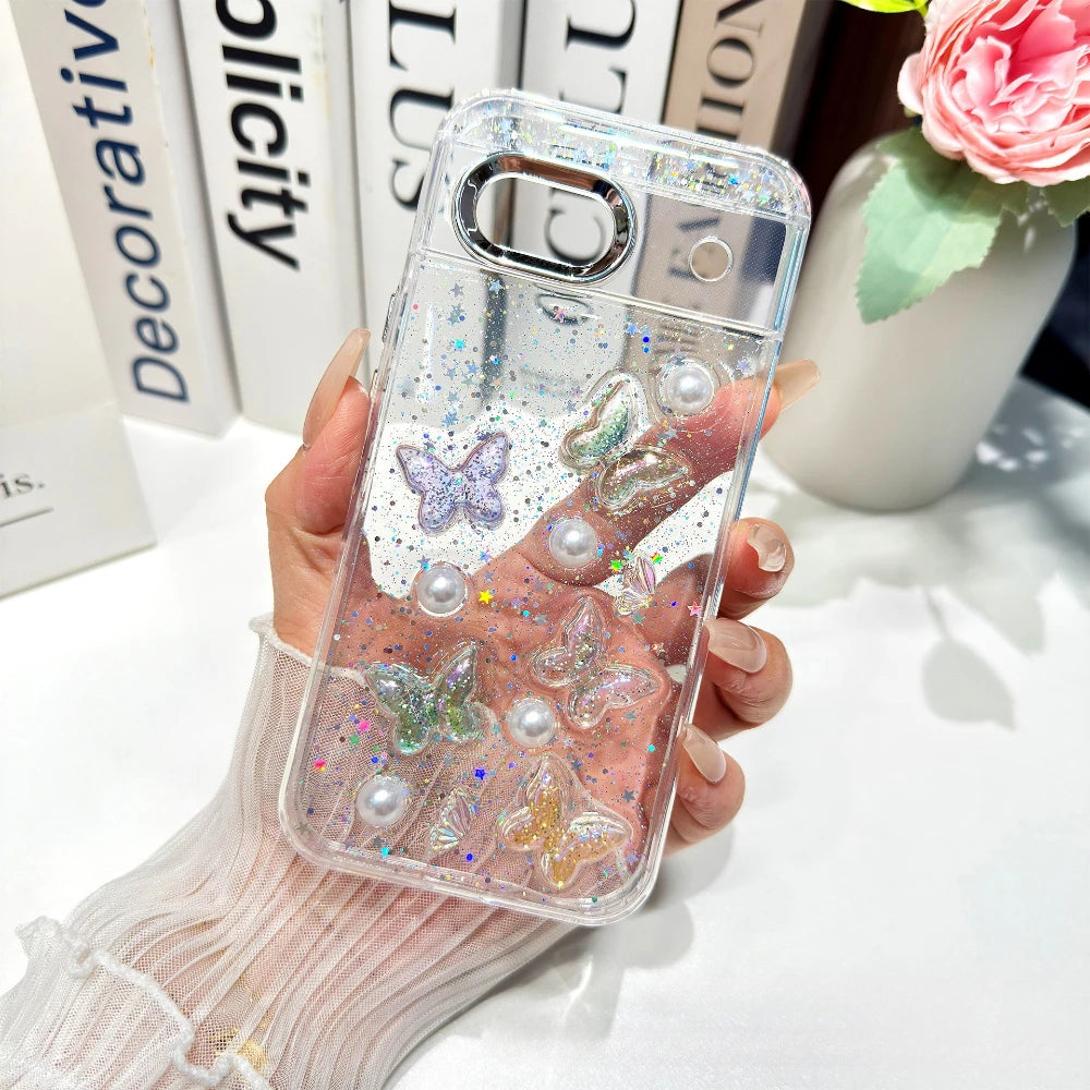 Cute 3D Rose Butterfly Bow Pearl Glitter Transparent Case for Google Pixel 8 9 10 Pro XL 9A 8A Shockproof Epoxy Clear TPU Cover